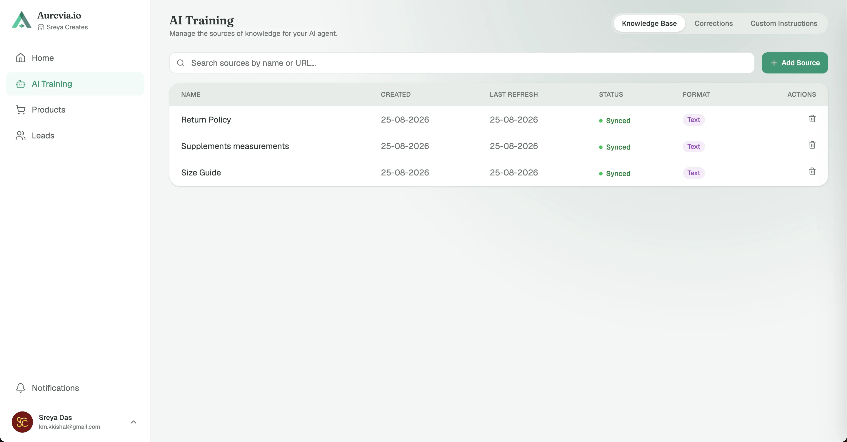 Aurevia dashboard — AI training and knowledge base