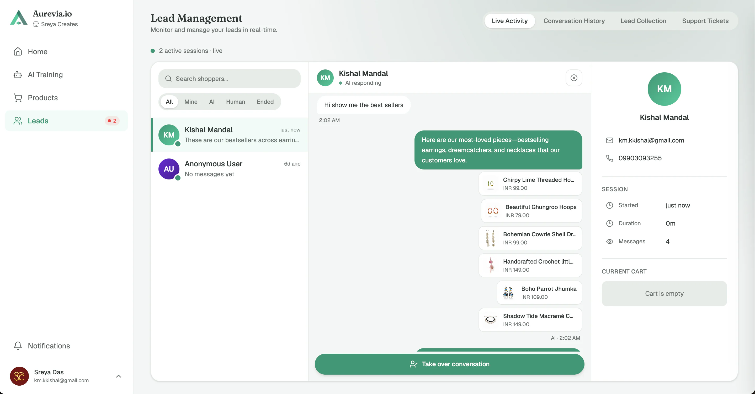 Aurevia dashboard — leads and live conversations