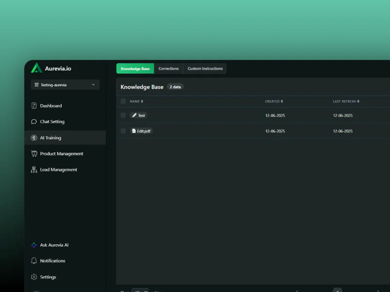 Aurevia dashboard — AI training and knowledge base